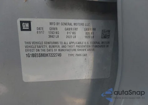 2017 Chevrolet Cruze Lt Auto из США, поврежденный, VIN 1G1BE5SM0H7222749